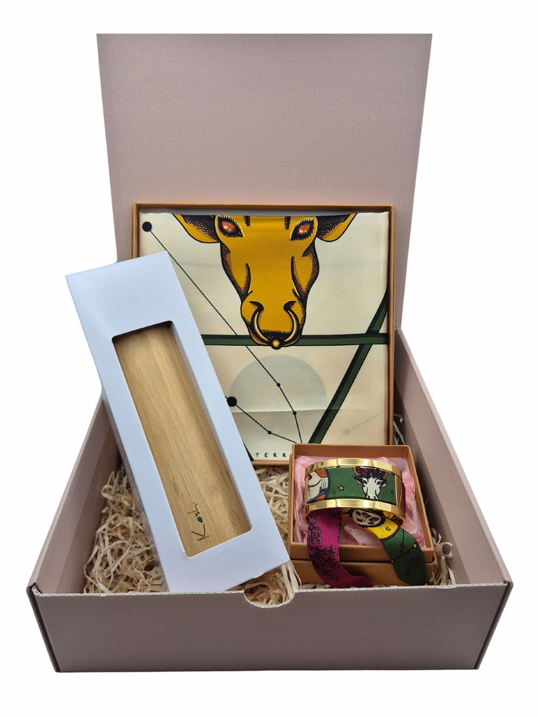 Luxury gift box Taurus, Koshi chime, gold bracelet with silk ribbon taurus, silk scarf taurus